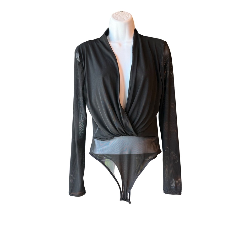 Sheer Mesh Long Sleeve Surplice Bodysuit Women's Size Medium Black
